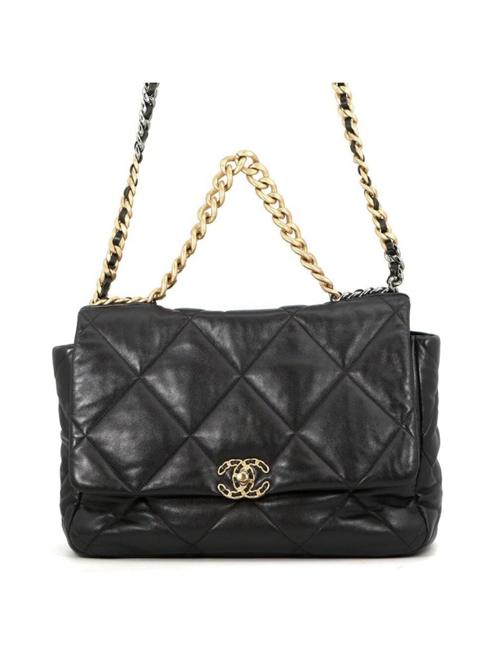 Chanel Chain Shoulder Bag 19 Dizeneuf CC Logo Maxi Shiny Lambskin 2-Way Black